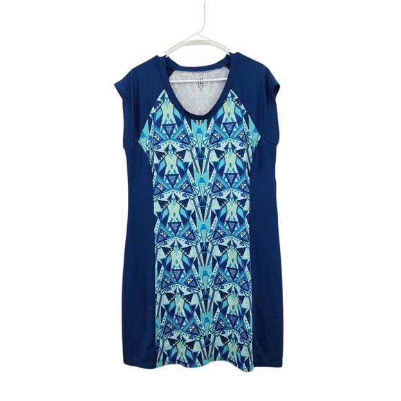 Title Nine Women's Poly Stretch Geo Print Mini Dress Blue- XL - Picture 1 of 9